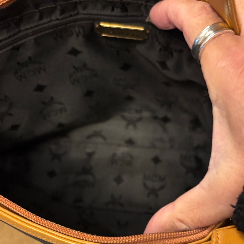 MCM Black Canvas Tote with Cognac Trim and Gold Plaque - Picture 7 of 16